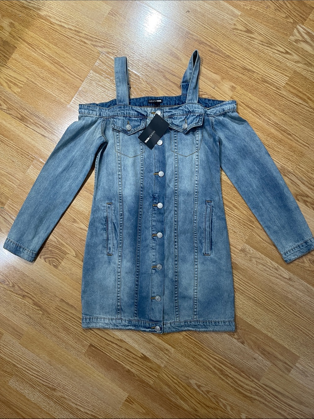 Fashion Nova Light Blue Off-Shoulder Denim Jacket Dress